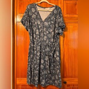 French Grey Floral Midi Dress in Blue and White